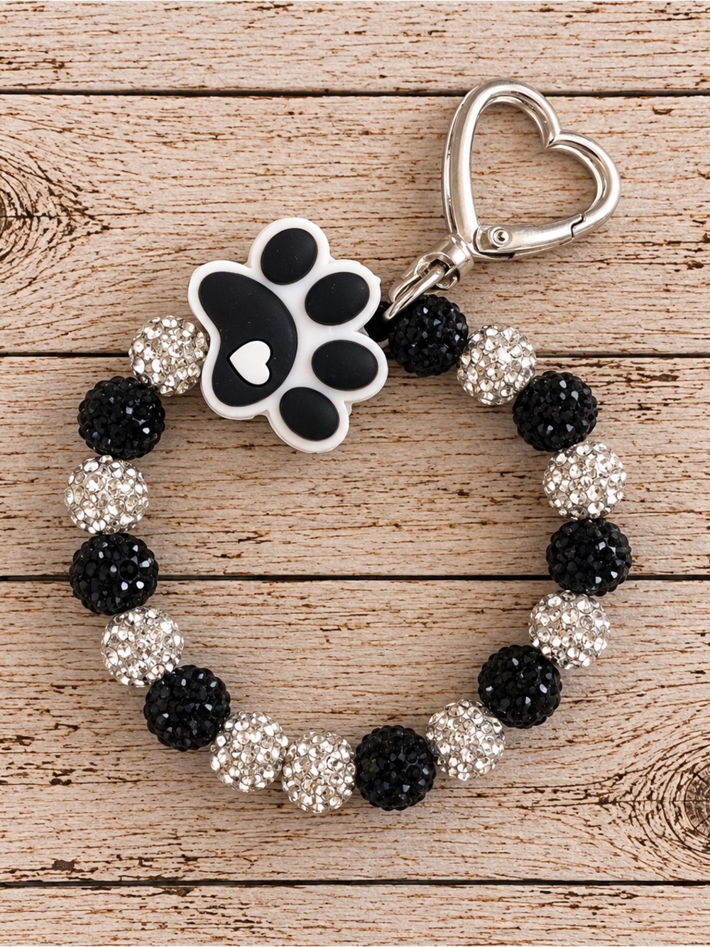 Rhinestone Pet Paw Charm Beaded Keychain Bracelet - Black & Silver